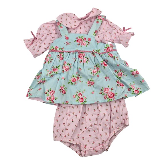 Carters Floral Baby Girls Dress Outfit 3 Months Pink Blue Rose Set Garden Party - Picture 1 of 7